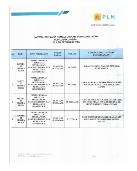 Jadwal Rencana Pemeliharaan Jaringan Listrik ULP Lubuk Linggau bulan Februari 2026