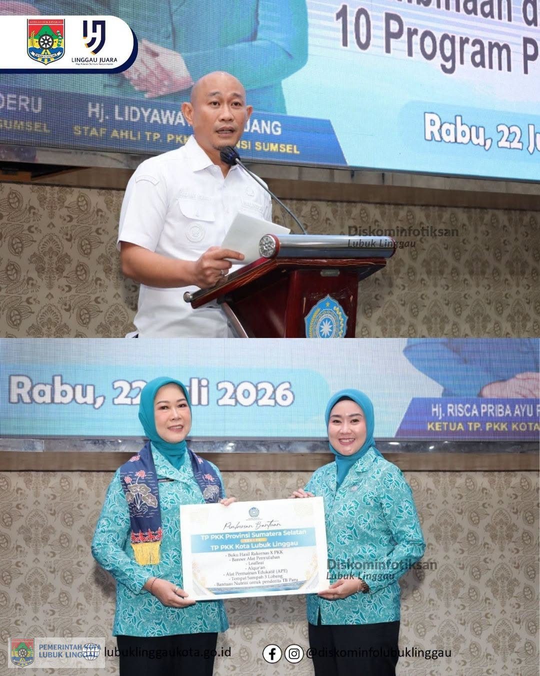 Ketua TP PKK Provinsi Sumatera Selatan, Hj Feby Herman Deru melakukan kunjungan kerja di Kota Lubuk linggau dalam rangka Pembinaan dan Evaluasi 10 Program Pokok PKK di Cinema Hall Lt.5 Pemkot Lubuk Linggau, Selasa (22/7/2026).