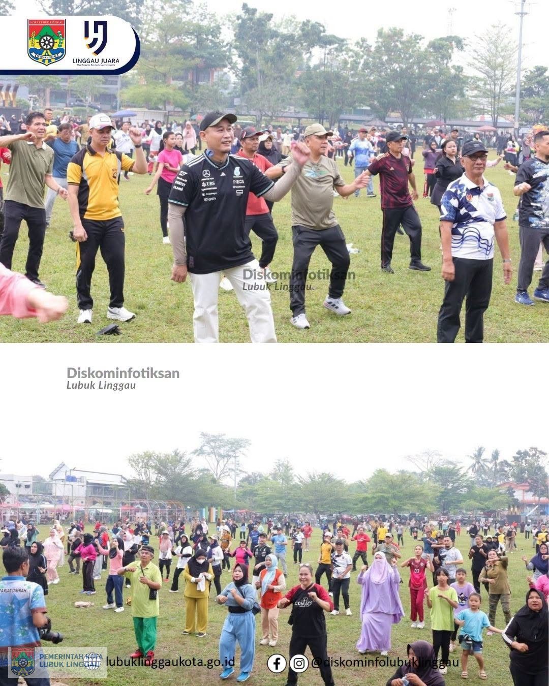 Wali Kota Lubuklinggau H Rachmat Hidayat bersama Wakil Walikota H Rustam Effendi senam bersama di Taman Olahraga Silampari (TOS) Kota Lubuklinggau. 